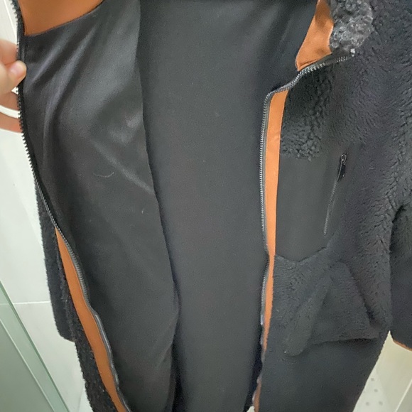 Black long Teddy bear coat with zip and brown trim - Picture 4 of 5